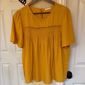 Olivia Grey Mustard Smocked Flutter-Sleeve Blouse